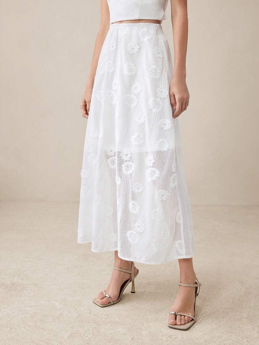 BizChic Novo Festival de Música de Verão 2025, Adequado para Convidados de Casamento, Brunch, Estilo Urbano Chique, Casual Romântico Versátil, Elegante Diário de Trabalho, Temporada de Casamento, Festival de Música, Formatura, Saia Longa Bordada Jacquard Floral Branca Transparente - Branco - Visão 1