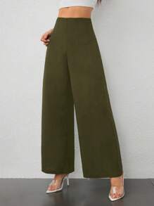 SHEIN PETITE 女士简约休闲时尚返校季老款通勤高腰纹理阔腿裤 - 軍綠色 - 查看 4