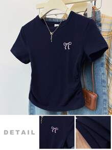 SHEIN 少女针织圆领刺绣蝴蝶结图案腰部褶皱设计短袖T恤，夏季，基本款，休闲款 - 藏蓝色 - 查看 6