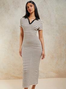 COSMINA Vestido largo de manga corta con cuello de solapa a rayas para mujer, de verano - Multicolor - Ver 6