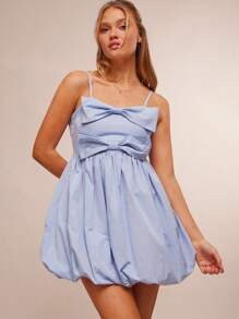 WESTFADE Frühlings Nylon süßer herzförmiger Ausschnitt Schleife Vorderseite Spaghettiträger Bubikragen Mini Kleid Sommer Urlaubsoutfit - Blau - Übersicht 5