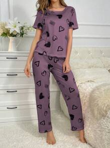 Women Heart Print Round Neck Short Sleeve T-Shirt And Drawstring Pants Casual Sleepwear Pajama Set