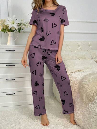 Women Heart Print Round Neck Short Sleeve Shirt Drawstring Pants Sleepwear Pajama Set view 3