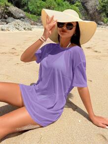 Swim Vcay Vestido casual holgado de cobertura con cuello redondo de unicolor para mujeres