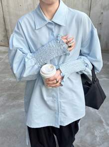 FRIFUL Women Solid Color Long Sleeve Shirt, Fashionable For Summer,Fall Women Clothes - Blue - View 1