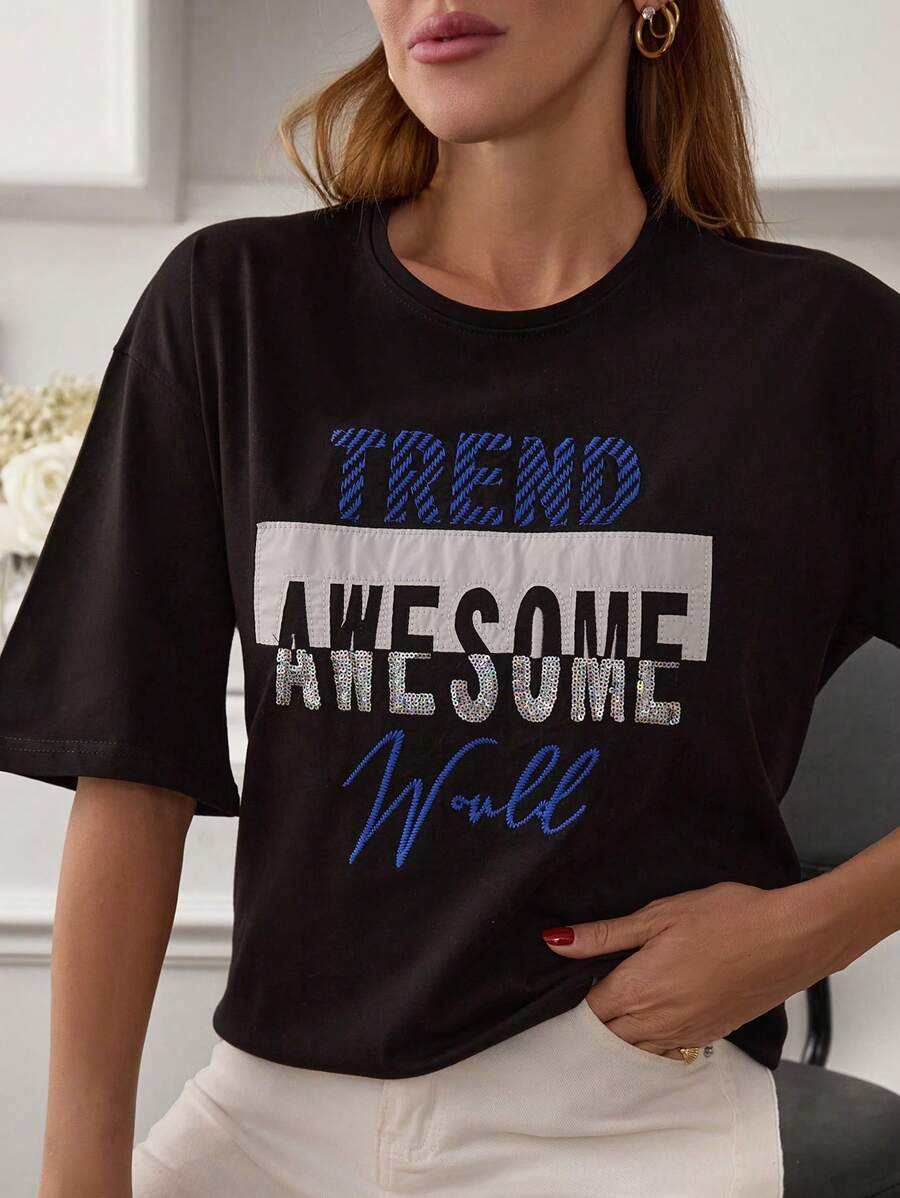 EURMUSE Damen T-Shirt mit Slogan Motiv, 3D Softtouch, Rundhalsausschnitt, lockere Passform