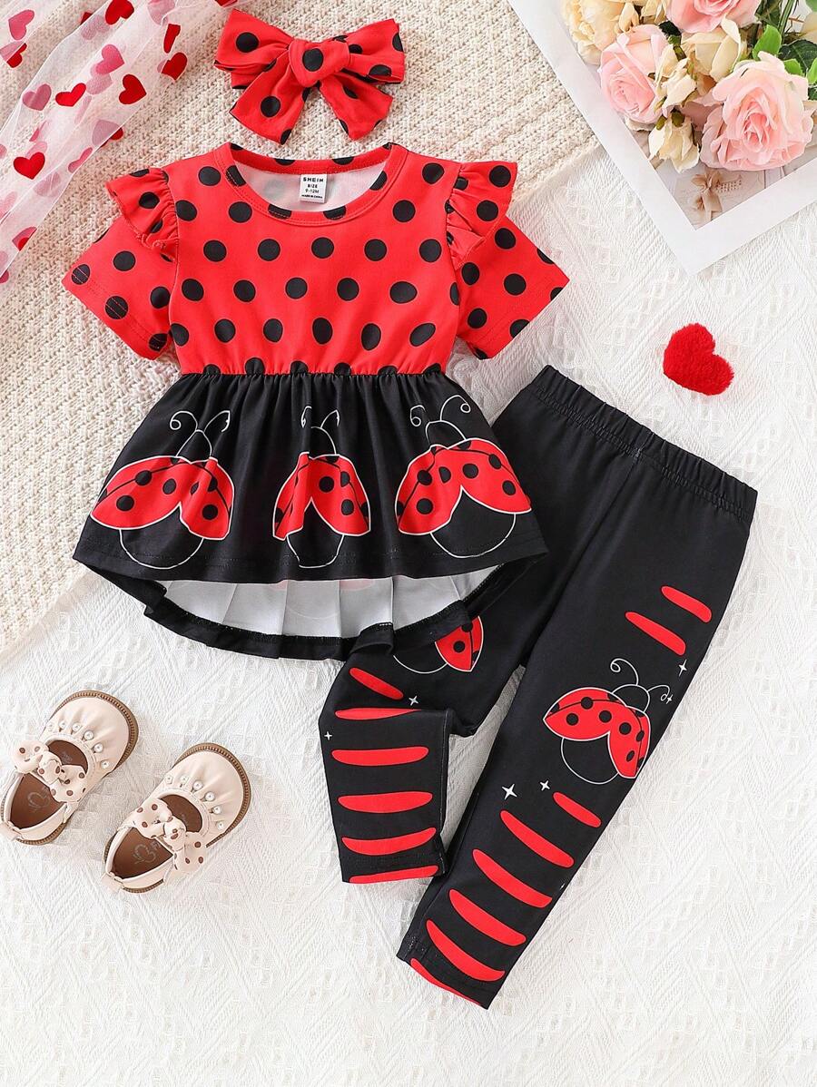 Baby Girls Can Wear Cute, Fun, Simple And Casual Red Background Black Polka Dot Ladybug Print Set In Spring And Summer - Multicolor - View 1