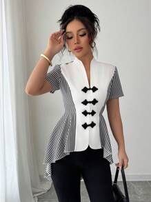 Elenzga Women's 2025 New Style Stripe Contrast Color Front Panel Handmade Button Design Asymmetric Hem Casual Shirt (Random Print)
