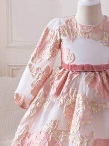 Glamorique Kids 女孩蓬蓬泡泡袖波尔卡圆点网眼刺绣公主裙，粉色，优质面料，优雅，适合正式活动、派对、表演 - 粉色 - 查看 5