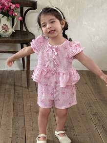 LMoss Kids LMoss   2pcs/Set Baby Girl Woven Striped Bow Decor Round Neck Puff Sleeve Top And Shorts Set,,3D Bow Decor - Pink - View 7