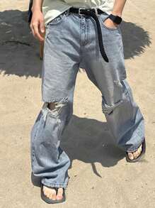 DAZY Spring/Summer Plain Blue Ripped Men's Denim Jeans - Blue - View 7