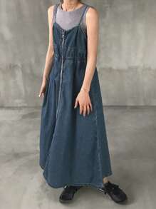 FRIFUL 女士休闲水洗拉链牛仔连身裤 - 中等水洗藍 - 查看 3