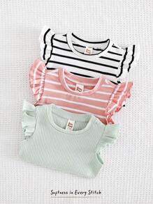 Cozy Pixies 3 件装女婴简约条纹纯色柔软针织圆领盖袖休闲百搭套头衫套装，适合夏季、休闲、居家、外出 - 彩色 - 查看 1