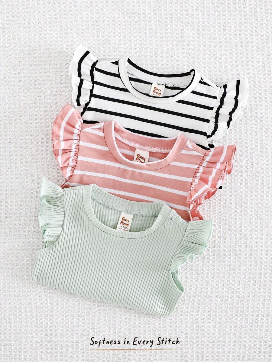 Cozy Pixies 3 件装女婴简约条纹纯色柔软针织圆领盖袖休闲百搭套头衫套装，适合夏季、休闲、居家、外出 - 彩色 - 查看 1