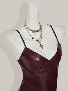 SHEIN ICON Y2K Women Burgundy PU Leather Sexy V-Neck Mini Slip Dress,Party Dress,Country