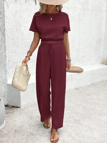SHEIN Frenchy 2 件套女士夏季纯色圆领上衣和裤子套装 - 酒紅色 - 查看 5