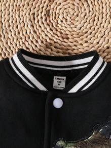 SHEIN Young Boy Dinosaur Print Striped Trim Varsity Jacket - Black - View 4