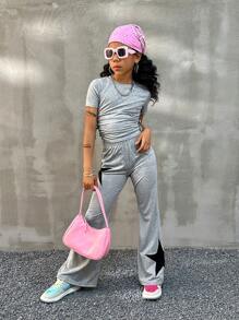 Coolane Kids Tween Girls Spring/Summer Casual Slim Fit Short Sleeve T-Shirt And Star Printed Flared Pants 2pcs/Set