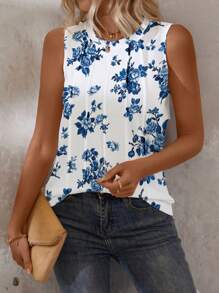 EMERY ROSE Women's Summer Knit Crew Neck Sleeveless Floral Print Pleat Casual Camisole, Random Print - Multicolor - View 4