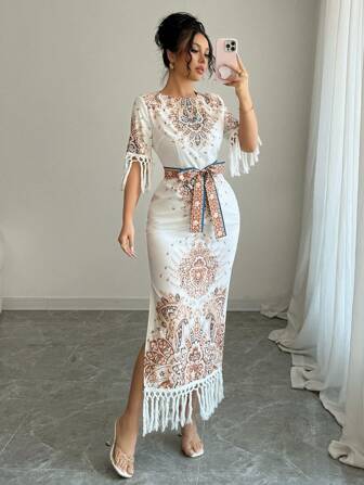 Rafferiza 女式圆领侧开衩下摆印花长裙