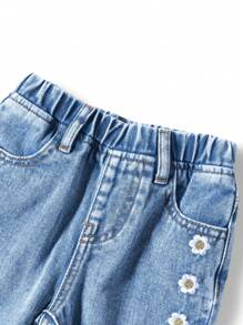 Baby Girl Embroidered Fashion Damsel Blue Tapered Jeans, Suitable For All Seasons - Medium Wash - View 5