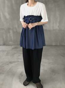 FRIFUL 1 Pc Women's Round Neck Fitted Denim Effect Patchwork T-Shirt School - Blue - View 6