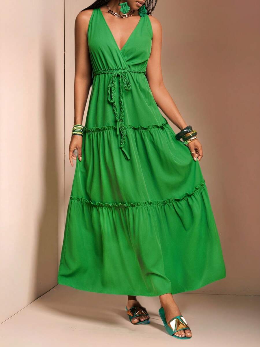 Slaydiva 2025 Neues Sommerkleid, Musikfestival, Ostern, St. Patrick's Day, Western Stil, Nomaden Stil, Hochzeitsgast, Geburtstagsfest, Abschlussfeier, Studentenmode, Lässig, Urlaub, Kreuzfahrt, Strand, Sonnenbaden, Erholungsresort, mehrlagig gerafft, Volant Saum, geflochtener Träger, Grün, Frauenkleid - Grün - Übersicht 1