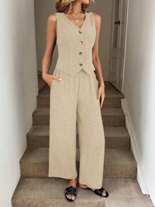 Easowa 2pcs Women Spring/Summer Blue Vest Waistcoat And Pants With Pockets Set  Women S Sets Business Casual Woman Office Outfits For Women Work Clothes Women Old Money Style Women - Apricot - View 4