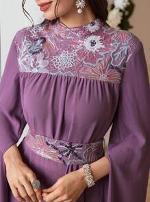 Al Najma 女士优雅花卉印花保守阿拉伯连衣裙、女士长裙、女士礼服、女士舞会礼服、女士长袖连衣裙、女士紫色连衣裙