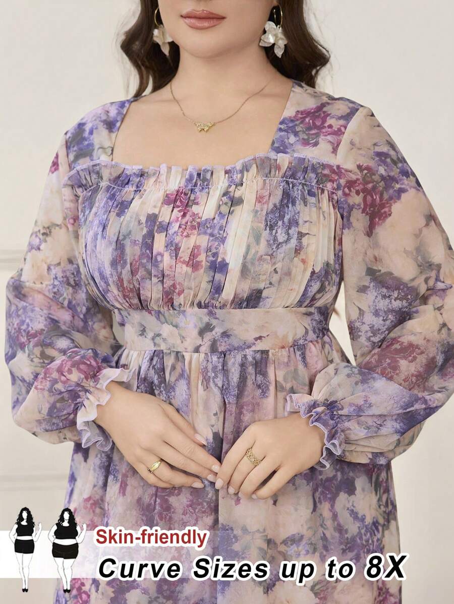 SHEIN CURVE+ Plus Size Women's Elegant French Romantic Flower A-Line Long Dress, Spring And Summer Dress, French Long Dress, Beach Dress Sundress, Holiday Outfits Boho, Curve Plus, Boho Vacation Beach Outfits For Woman/Beach Dress/Beach Vacation Outfits/Beach Essentials / Graduation/Tea Party Dress - Multicolor - View 1