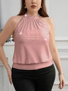 SHEIN Clasi Plus Size Women Rhinestone Decor Elegant Halter Neck Camisole - Pink - View 5