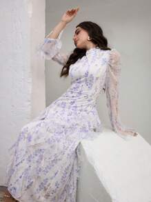 Graceveil Women's Extra Long Floral Print Ruffled Waist Tie Modest Elegant Dress - Multicolor - View 3