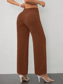 SHEIN PETITE 女士休闲优雅腰部交叉剪裁直筒裤 - 咖啡棕 - 查看 2