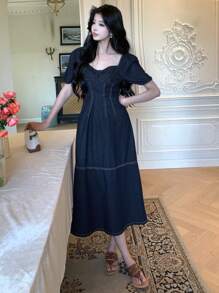 DAZY Natural Color Denim Puff Sleeve Decorative Stitching Denim Dress For Women - Dark Wash - View 4