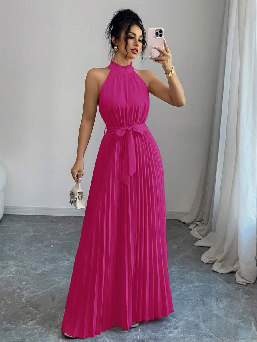 Selianne Váy xếp ly chữ A cổ bèo nhún lãng mạn thanh lịch cho ngày lễ tình nhân dành cho nữ - Màu Hồng Tươi - Xem 1