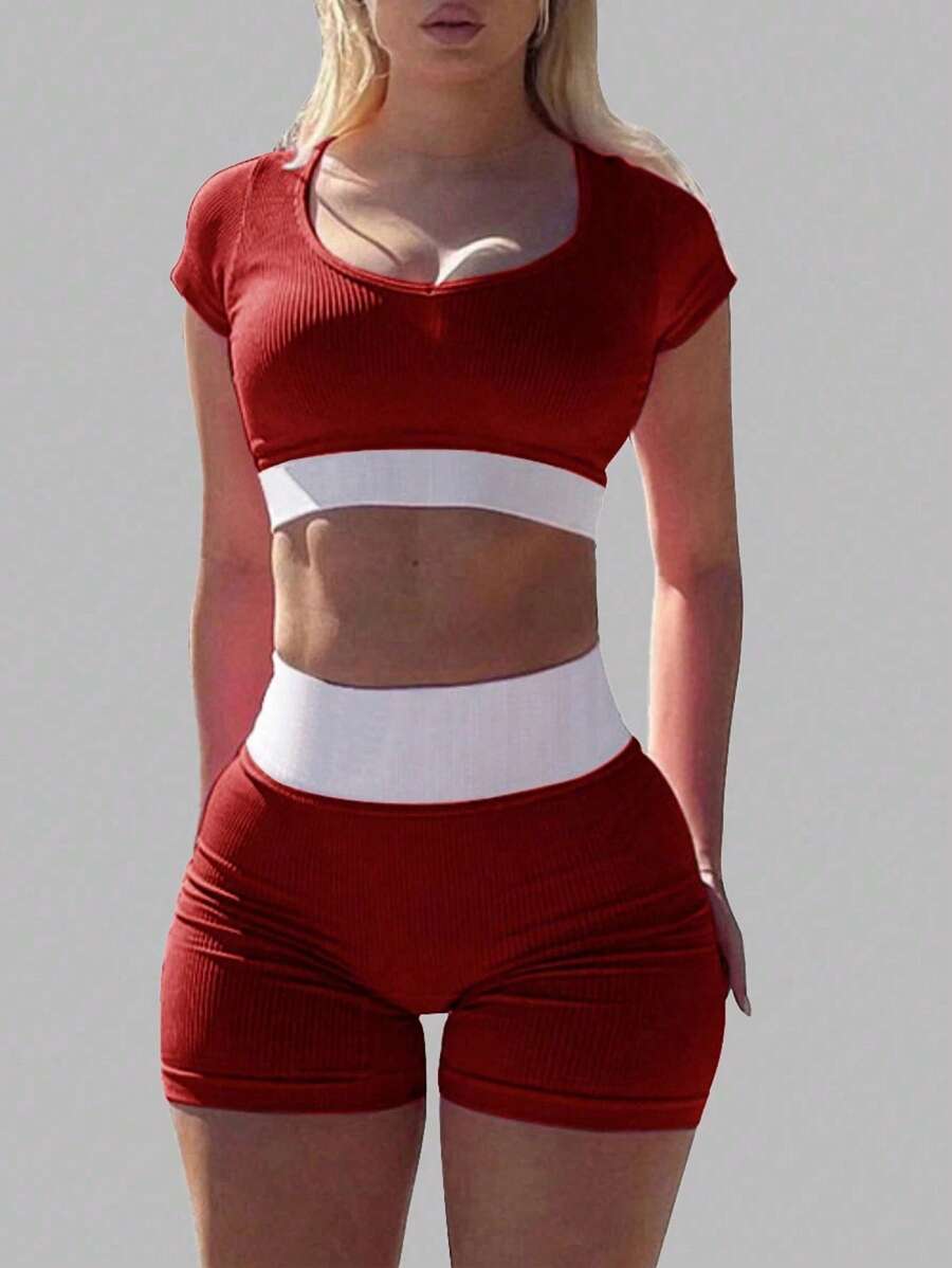 INAWLY Women 2pcs Set: Contrast Color Cropped Short Sleeve Top & Shorts, Casual - Red - View 1