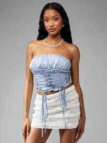 MISSGUIDED 褶饰抹胸短款上衣缎面露肩紧身胸衣风格夏季派对俱乐部晚会紧身胸衣，背面系带 - 藍色 - 查看 1