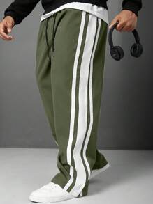Manfinity Homme Pantalones rectos con rayas laterales, bolsillos y cintura con cordón para tallas grandes
