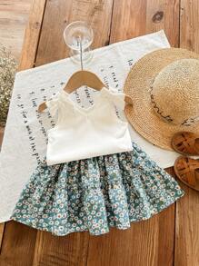 SHEIN LMoss Kids LMoss 女婴针织纯色吊带背心 + 印花雪纺迷你裙 2 件套 - 綠色 - 查看 6
