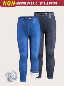 2 件装年轻女孩简约酷炫牛仔效果针织厚款紧身裤，黑色和蓝色 - 彩色 - 查看 7