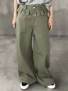 FRIFUL Pantalones anchos de primavera/verano para mujer con cinturilla de volantes y patchwork 2 en 1 - Verde militar - Ver 3