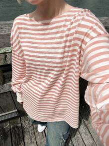 FRIFUL Women's Striped Loose Petite Long Sleeve T-Shirt, Spring Casual Outfit Vacation Striped Top