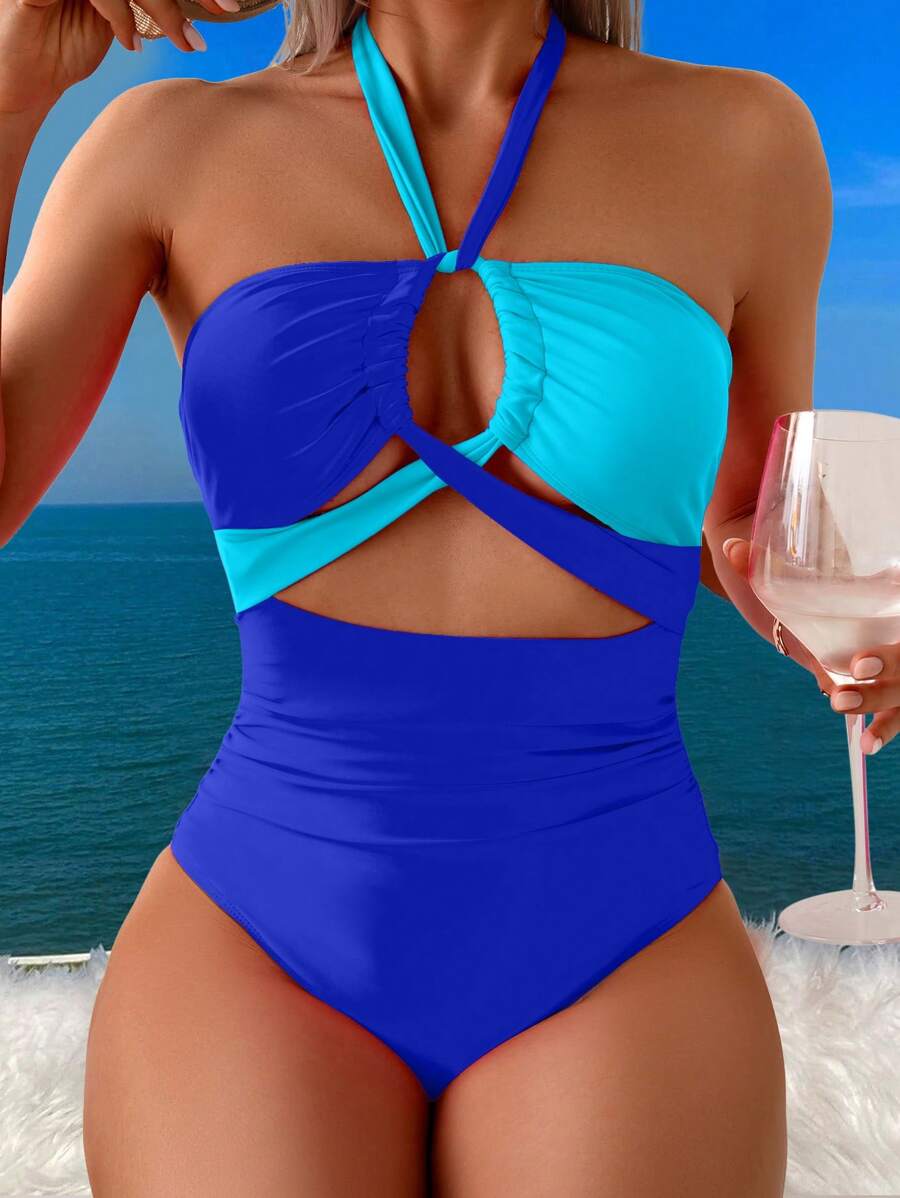 Swim Vcay Women's Vacation Contrasting Color Hollow Out Criss-Cross Halter One-Piece Swimsuit For Summer - Blue - View 1