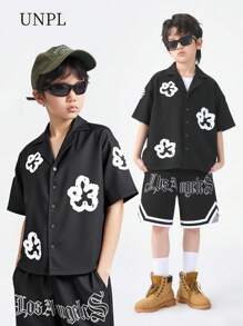 SHEIN 2025 Summer Boys Sets 2025 Summer Vibes Teen Boys Black Contrast Bloom Graphic Casual Shirt, Bold White Print | OEKO-TEX® | School And Travel - Black - View 6