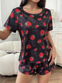 SHEIN Women Strawberry Print Knit Round Neck Short Sleeve Shorts Pajama Set - Black - View 6