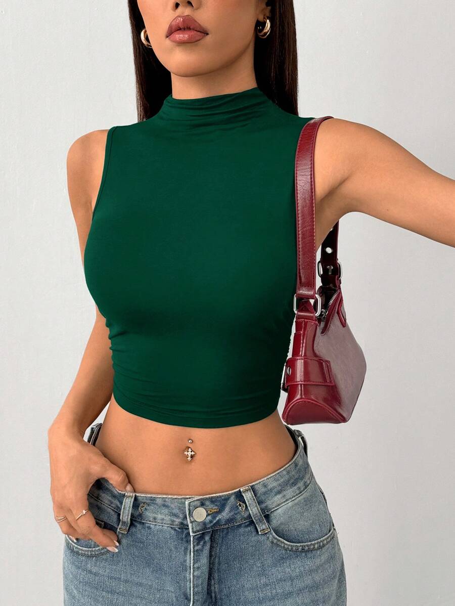 SHEIN PETITE Women Solid Color Pleated Collar Cropped Fitted Casual Tank Top - Green - View 1