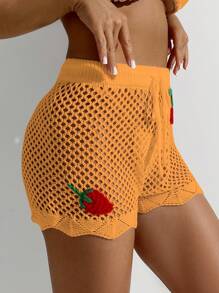 SHEIN Swim 女士樱桃印花镂空罩衫短裤套装 - 橘色 - 查看 4