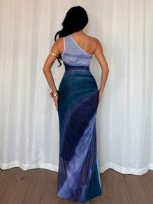 Rafferiza 渐变色高开叉不对称领褶皱薄纱长裙女装 - 深色水洗藍 - 查看 2