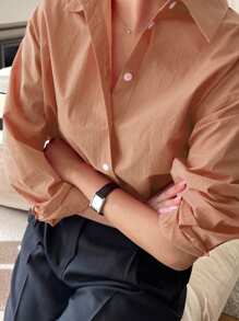 DAZY Women's Solid Color Long Sleeve Single Breasted Casual/Office Shirt - Coral Orange - View 4