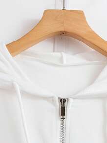 SHEIN Unity Women Casual Asymmetrical Drawstring Zip-Up Short Sleeve Hooded Sweatshirt, Spring/Summer,Graduation,Teacher,Back To School Pullover Fall - White - View 5